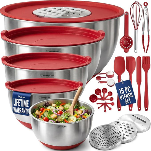 Priority Chef Stainless Steel Mixing Bowls with Lids Set, Metal Nesting Bowls with Airtight Lids, Graters, Non-Slip Base & Measurement Marks, Includes Utensil Set for Prep, Baking & Storage, Red