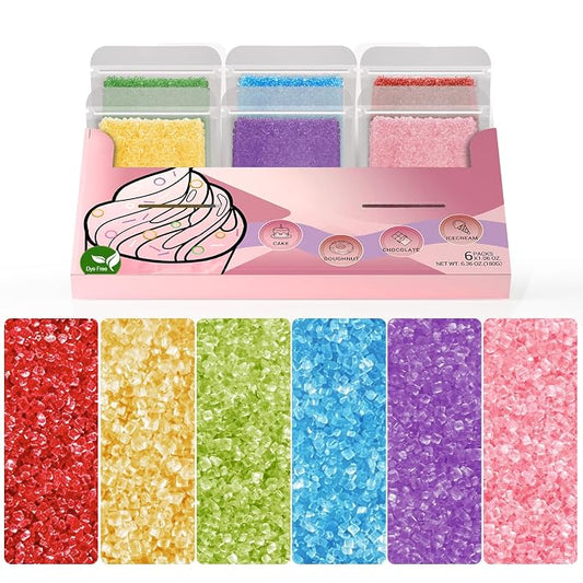 HUEBEATY 6-in-1 Dye Free Sprinkles for Baking – 180g Rainbow Sanding Sugar Sprinkles, Natural Colored Sugar Crystals, No Artificial Dyes Red Green Yellow Blue Purple Pink for Cake Decorating, Cookies & Cupcakes