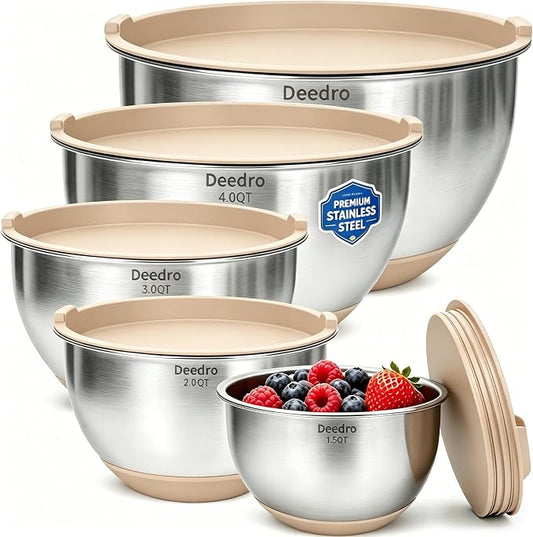 Deedro Mixing Bowls with Airtight Lids, 22Pcs Stainless Steel Mixing Bowls Set, Nesting Bowls with Non-Slip Silicone Base, thicker Metal Bowls for Baking & Prepping, 1.5/2/3/4/5 QT, Khaki