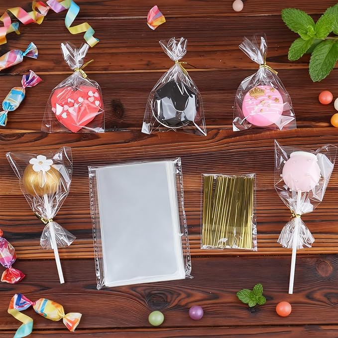 ROSPAKTEK 200 Pcs Cellophane Treat Bags 3x5 Inch with 200 Twist Ties - OPP Plastic Cake Pop Bags for Lollipop, Candy, Chocolate, Cookie Wrapping & Buffet