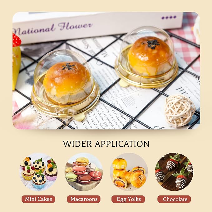 NPLUX Mini Individual Cupcake Container Mini Cupcake Holder Desk Pet Containers for Chocolate Covered Cookies, Strawberry, Mooncake(50 Pack, Gold)