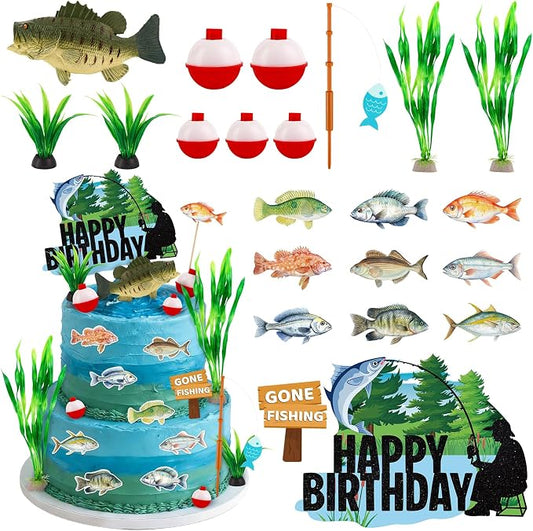 Fishing Cake Topper 22PCS Gone Fishing Cake Toppers for Men Fish Cake Decorations with Bass Reed for Retirement Party Supplies Fish Birthday Party Decorations