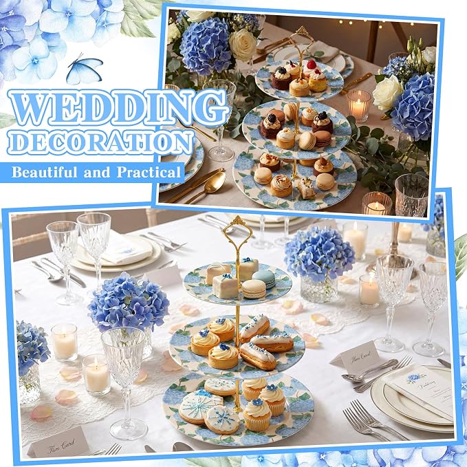 Lallisa 3 Tier Blue Hydrangea Cake Stand 10", 9" and 7" Ceramic Serving Tray Dessert Cupcake Display Holder Tower for Wedding Baby Bridal Shower Tea Party Decoration