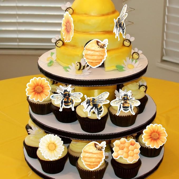 63 PCS Edible Bumble Bee Cupcake Toppers Honey Bee Daisy Cupcake Picks Edible Sunflower Oh Babee Cupcake Decorations for Bee Theme Baby Shower Kids Birthday Party Cake Food Decorations Supplies