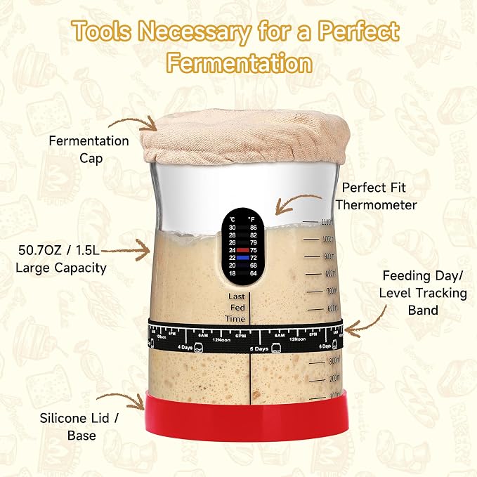 Coco Bird Pro Sourdough Starter Kit- 50oz Large Capacity Sourdough Starter Jar, 17 Flavorful Fermentation Recipes, Sourdough Bread Baking Supplies for Making Delicious Sourdough Breads(Red, 2Set)