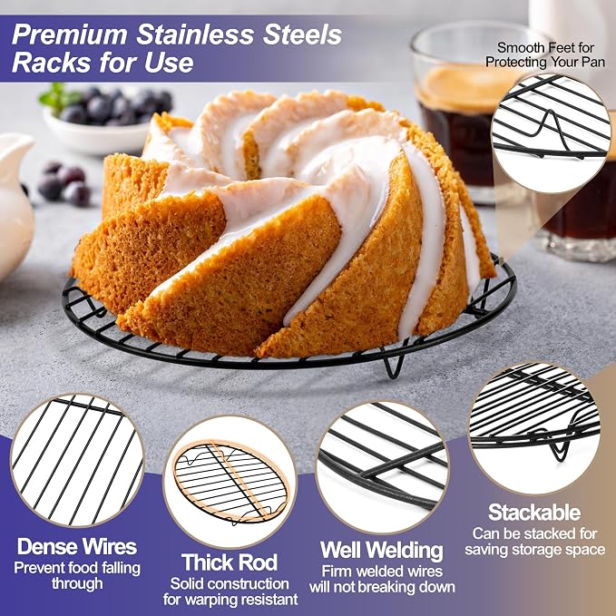 P&P CHEF 7½ Inch Cooking Rack Round, Stainless Steel Round Rack for Cooking Cooling Steaming Baking, Fit Air Fryer Pot Pressure Cooker, 2 Pack -Oven Safe, Black