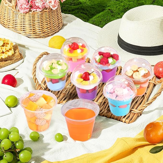 BYSNOW 300 Pack 9 oz Clear Plastic Cups with Dome Lids No Hole, Disposable Dessert Cups with Lids, Party Cups Cupcake for Ice Cream, Cold Drinks, Fruit, Parfait, Pudding