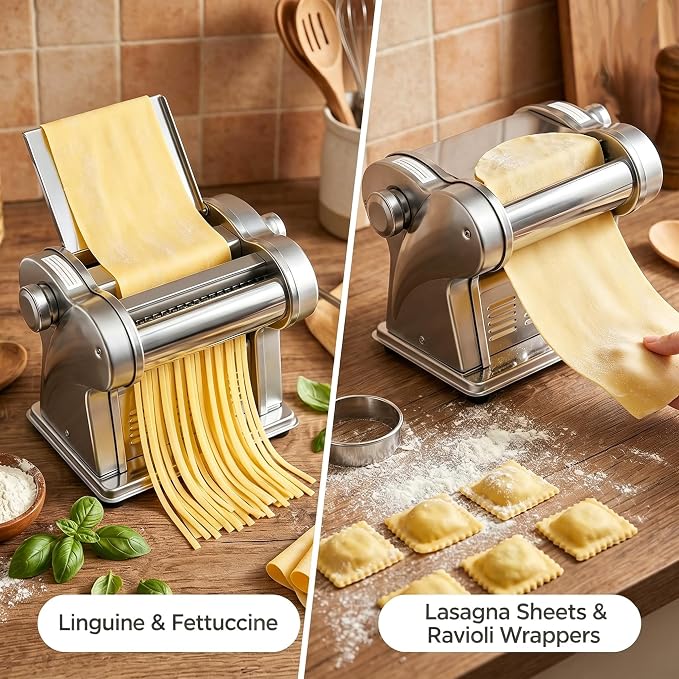 Electric Pasta Maker - 2 in 1 Pasta Sheet Roller & Cutter, 8 Thickness Settings, Stainless Steel Pasta Machine for Spaghetti, Fettuccine, Ravioli, Lasagna, Dough Sheeter