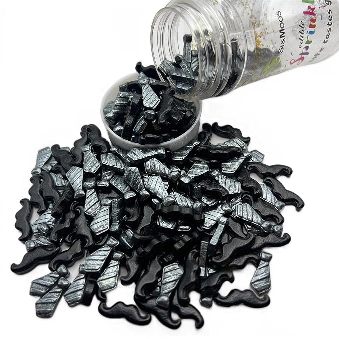 SE Si&Moos Edible Candy Mustaches Edible Man’s Tie Sprinkles-Mustaches and Tie Shaped Candy Cake Decorations, Black Themed Birthday Sprinkles for Decorating Cakes, Cupcakes, Cookies & Desserts 3 OZ