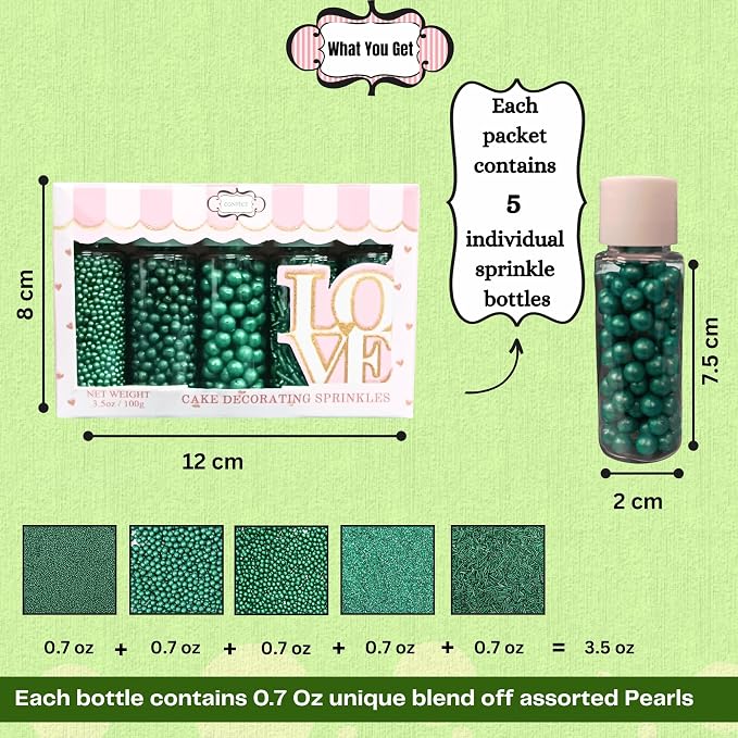 Confect- Sprinkle Holly Green Christmas Sprinkles – Assorted 5-Pack for Cake & Cupcake Decorating | Festive Mix of Holly Green Dragees, Jimmies & Sparkling Sugar | Vegan, Gluten-Free, Nut-Free Edible Holiday Topping - 5 Oz