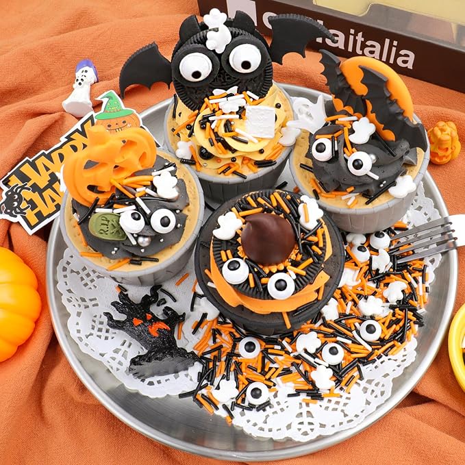 Halloween Sprinkles, Edible Candy Eyes Ghost Mix Halloween Cake Decorations, 4.6oz Black White Orange Jimmies Sprinkles for Cake Decorating