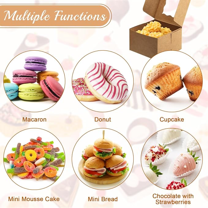 OAMCEG 30pcs Cookie Boxes with Window, 4x4x2.5 Inch Bakery Treat Boxes with Cake-Themed Stickers for Mini Cake, Pastry, Dessert, Chocolate, Strawberries, Party Favors (Brown)