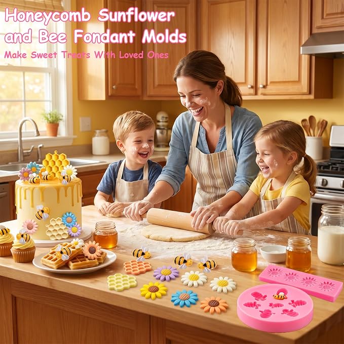 MEMOVAN Bumble Bee Silicone Mold 4Pcs Honeycomb Fondant Mold Sunflower and Bee Candy Molds Bee Hive Chocolate Molds for Cupcake Cake Decoration Dessert Chocolate Gum Paste Polymer Clay