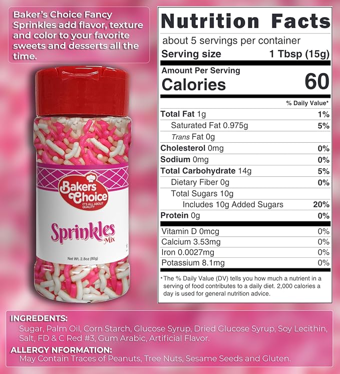 Bakers Choice Pink And White Sprinkles - Girl Baby Shower Sprinkles For Gender Reveal - Jimmies Sprinkles for Baking and Cookie Decorating - Dairy Free, Kosher 2.8 oz.