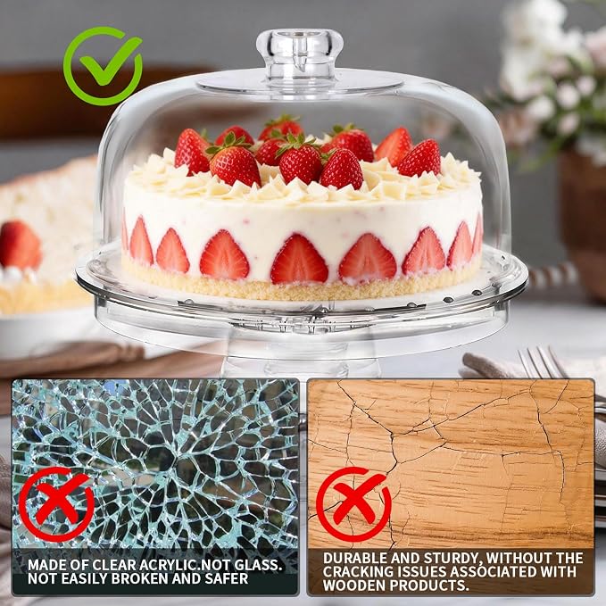 6-in-1 Multi-Functional Cake Stand with Dome Cover, BPA-Free Acrylic Serving Platter, Salad Bowl Divided Snack Tray, Shatterproof Dessert Display with Fork Spoon for Birthday Wedding Christmas Party