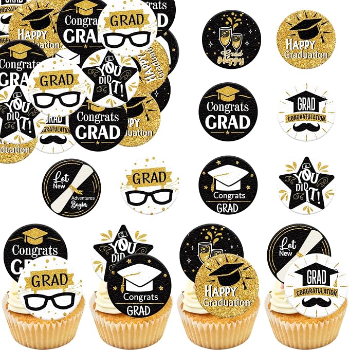 36PCS Edible Graduation Cap Cupcake Toppers Wafer Paper Grad Cap Diploma Cake Decorations Edible Grad Cap Cupcake Picks for 2026 Grad Theme Party Cake Decor Supplies (Black)
