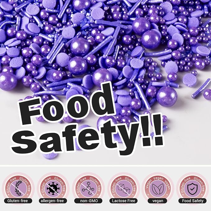 HUEBEATY® 6-in-1 Purple Edible Pearls Sprinkles, Sanding Sugar for Cake Decorating, Cupcakes, Cookies & Ice Cream - 180g, Edible Mardi Gras, Halloween & Mermaid Purple Cake Sprinkles and Decorations