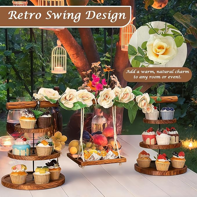 Large Wooden 3 Tier Cupcake Stand with Swing and Rose Decor, Dessert Table Display Set Removable Serving Tray Cupcake Tower Centerpiece for Tea Party Birthday Baby Shower Wedding