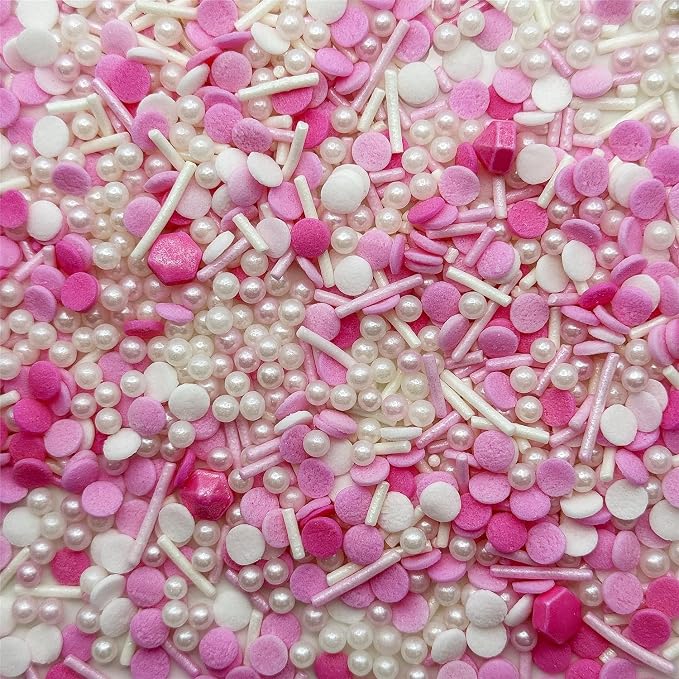 CandiJumpin Pink and White Pearl Sprinkles, Edible Pearls and Jimmies Mix Pink White Confetti Sprinkles Crunchy Jimmies Edible Pearls for Cake Decorating Valentines Decoration for Baking Baby Shower Party Birthday Wedding Christmas Supplies 3 OZ