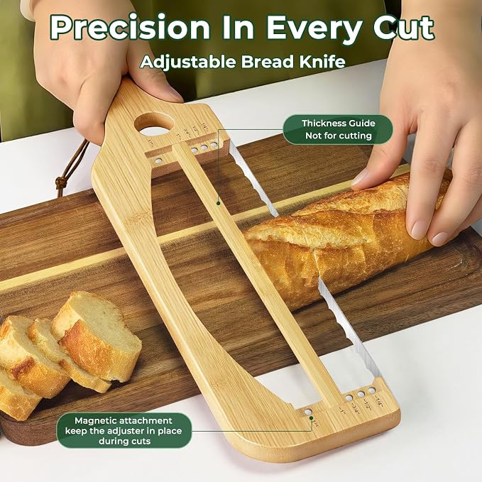 Adjustable Bread Slicer for Homemade Bread, 16.5'' Sourdough Bread Knife with Magnetic Adjustment Mechanism 5 Thickness Guides, Stainless Steel Serrated Bread Cutter for Bagels, Baguettes (Natural)