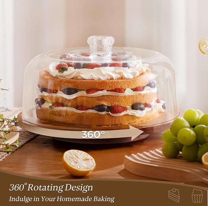 Farmyards Rotatable Acacia Wood Cake Display Stand with Acrylic Dome Lid - 2-in-1 Rotating Cake Holder, Cake Plate Display with Cover for Baking Gifts, Dessert Table Display Set & Charcuterie Board