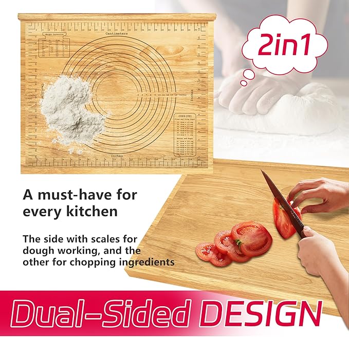 Extra Large Wooden Pastry Board, 24'' x 20" Wood Dough Rolling Tray with Edge, Reversible Cutting & Serving Board for Pizza, Bread, Pastry Baking, Kitchen Counter Dough Prep Board