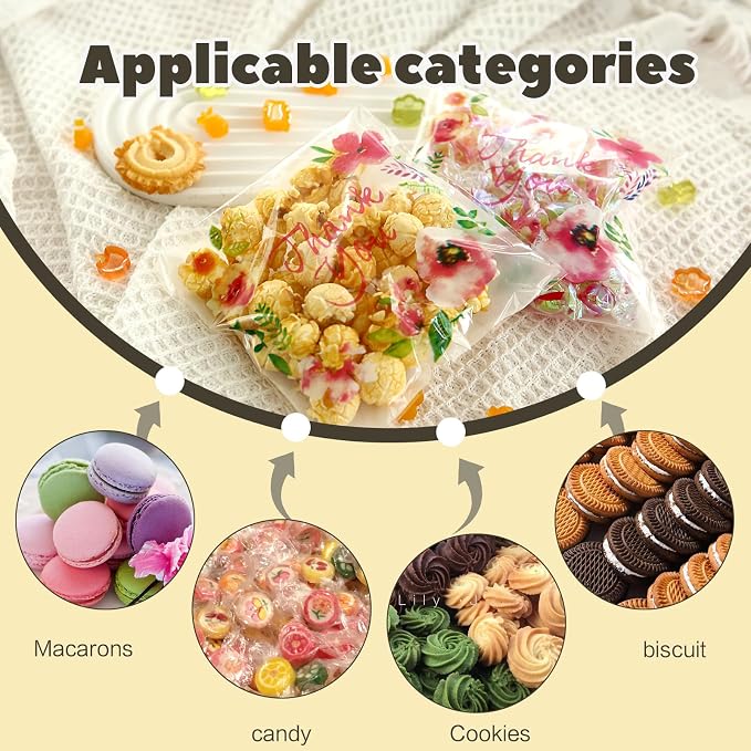 200pcs 5.5x5.5in Thank You Candy Bags Individual Cookie Wrappers Pink Flower Self Adhesive OPP Cookie Bakery Bags Roasting Treat DIY Translucent Plastic pouches