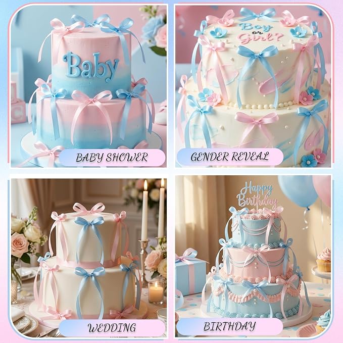 30 Pack Pink Blue Bow Cake Toppers Ribbon Bows for Cake Gender Reveal Bow Cupcake Toppers for Baby Shower Birthday Wedding Party Supplies and Gender Reveal Decorations