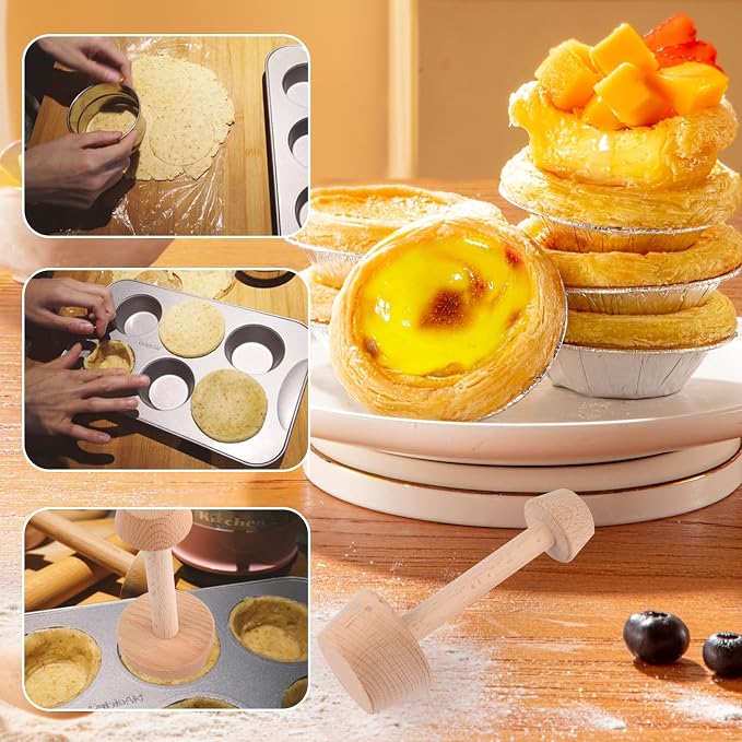 2Pcs Wooden Tart Tamper Set,Double Sided Pie Pastry Dough Tamper with Pastry Brush,Wooden Molds Egg Tarts Tamper Pastry Tools for Mini Muffin Tins,Tart Pans