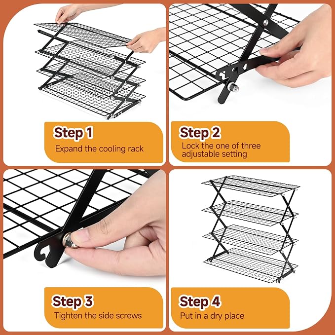4-Tier Collapsible Cooling Rack with Adjustable 3 Setting Design Cooling Racks for Cooking and Baking Stackable Roasting Cooking Drying Wire Cooling Rack Suitable for Baking Enthusiasts and Beginners