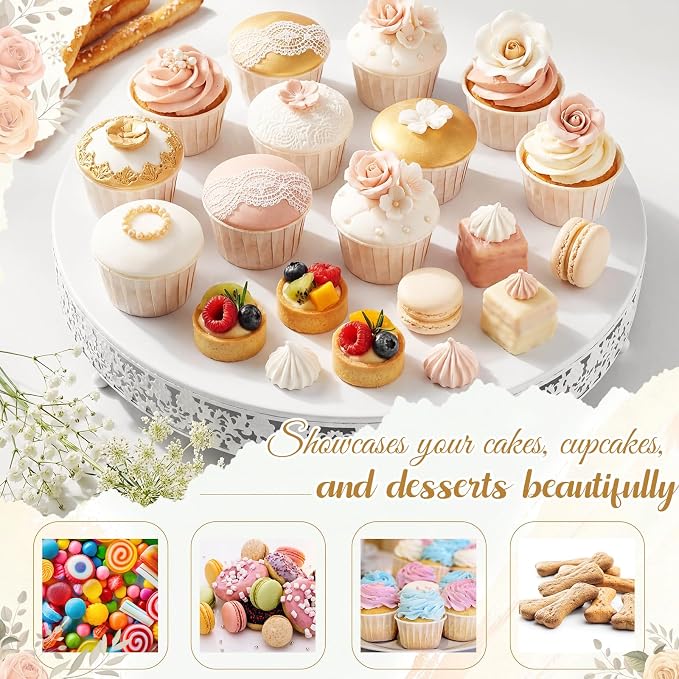 Wenqik 18 Inch White Cake Stand Set Metal Round Cupcake Dessert Stand with Cake Cutting, Flower Spatula Wedding Cupcake Pastry Display Candy Holder Display for Wedding Party Birthday Baby Shower