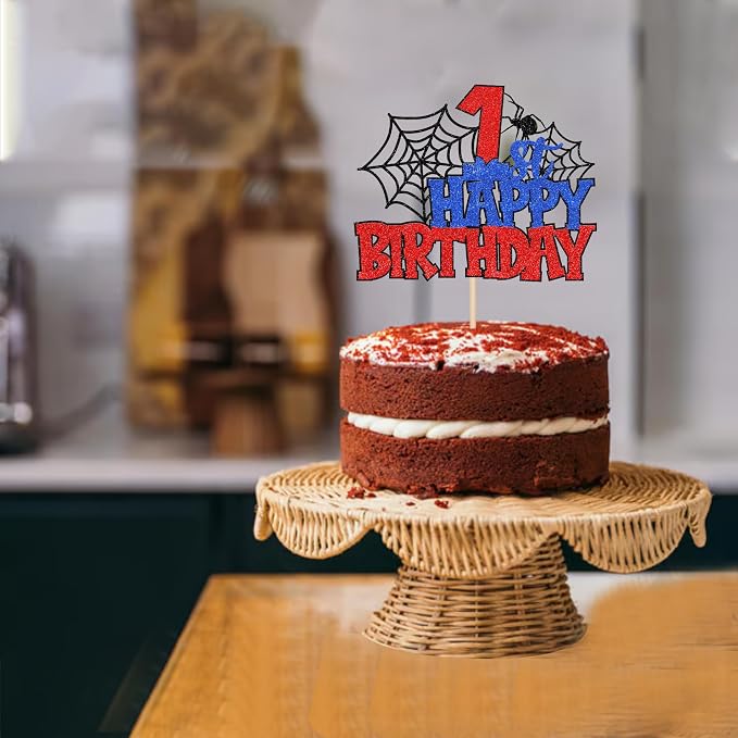 1 PCS Happy 1st Birthday Cake Topper Glitter Spider Web First Birthday Cake Pick Superhero Spider Party Decorations for Baby Shower Boys Girls 1st Birthday Party Cake Decorations Supplies