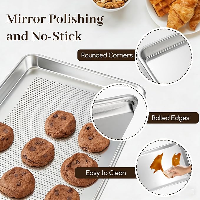 BIEAMA Baking Sheet Pans Set of 4, Perforated Half & Quarter Size | Aluminum Heavy Duty Cookie Sheets for Roasting, Includes 2 Perforated 18" x 13"+ 13" × 10"