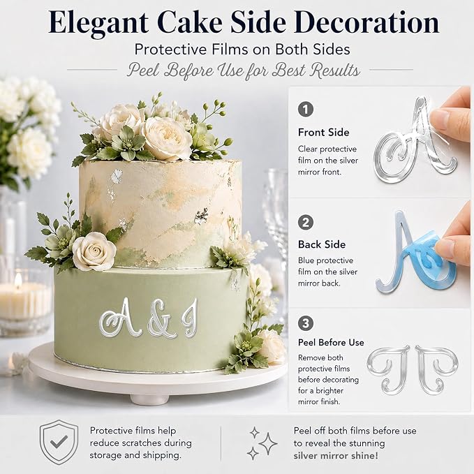 27PCS Silver Monogram Alphabet Cake Decor Set A–Z & Symbol Mirror Acrylic Decorative Letter Cake Decorations Personalized Initials for Wedding Anniversary Engagement Celebration