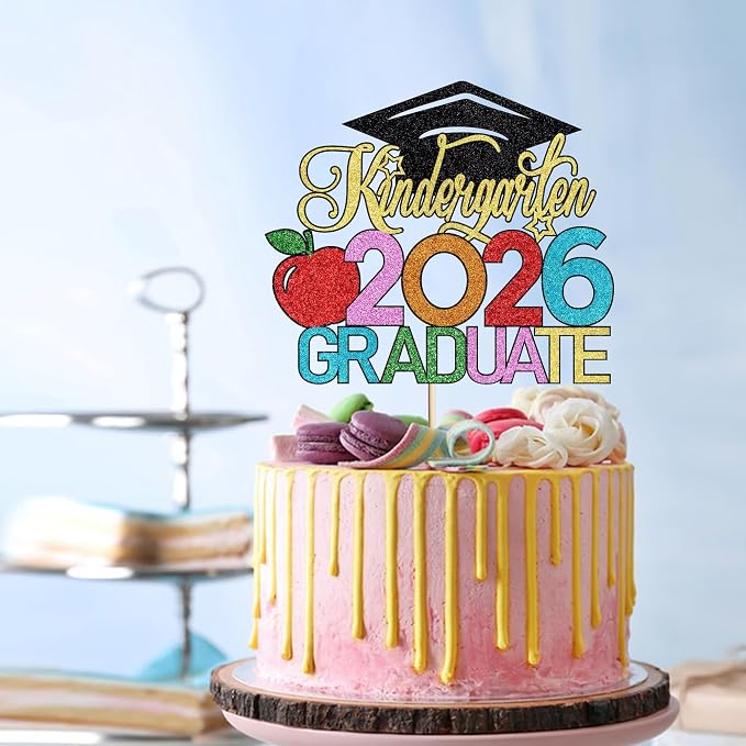 Kindergarten 2026 Graduate Cake Topper, Chirldren Graduation Cake Decorations, Preschool Kindergarten Graduations Party Decoration, Glitter Grad 2026 Happy Graduation (Black Gold 1)