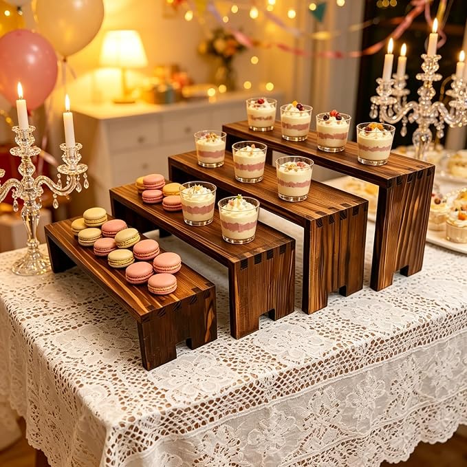 Yikaroeli 2 Set Large Cupcake Stands Wood Cake Stand Wooden Display Risers Wood Riser Dessert Table Display Set Farmhouse Decor,4Tiered 8Pcs Food Risers for Party