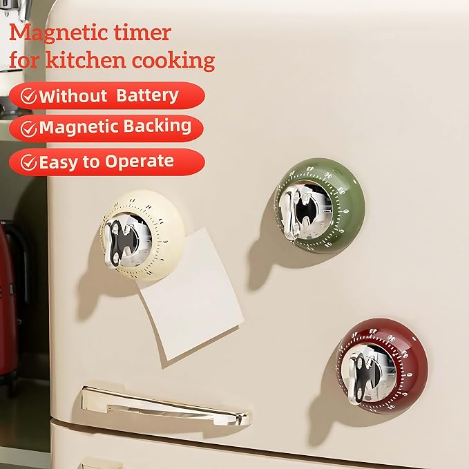 Magnetic Mechanical Kitchen Timer - Wind Up 60 Minutes Countdown Timer, No Batteries Needed, for Cooking, Baking, Classroom, Study & Desk Use (White)