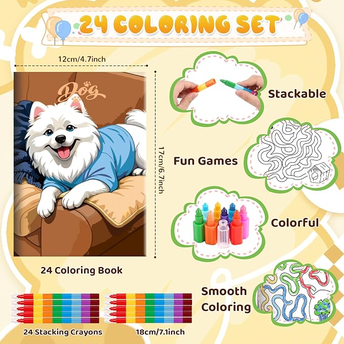 BenLouis 24 Dog Mini Coloring Books Kids with 24 Stacking Crayons Cute Puppy Party Favors Activity Books Bulk for Kids Pet Paw Goodie Bag Gift Stuffer Classroom Reward