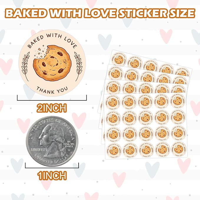 Louise Maelys 120 Pcs Baked with Love Stickers- 1.5 Inch Round Thank You Sticker with Cookie Pattern Labels for Bakery Packaging, Homemade Treats, Gift, Small Business Packaging or Party Favors