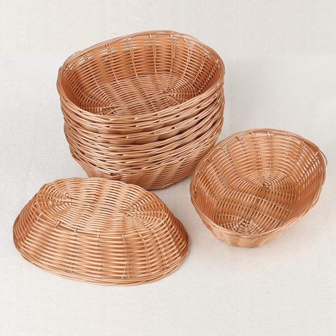 12 Pack Oval Poly Wicker Basket, 10.6x7.9x2.4 Inch Poly Wicker Bread Baskets, Large Size Gift Baskets for Kitchen, Christmas Gifts, Centerpiece Display, Storing Bread, Fruits, Vegetables, by GNIEMCKIN