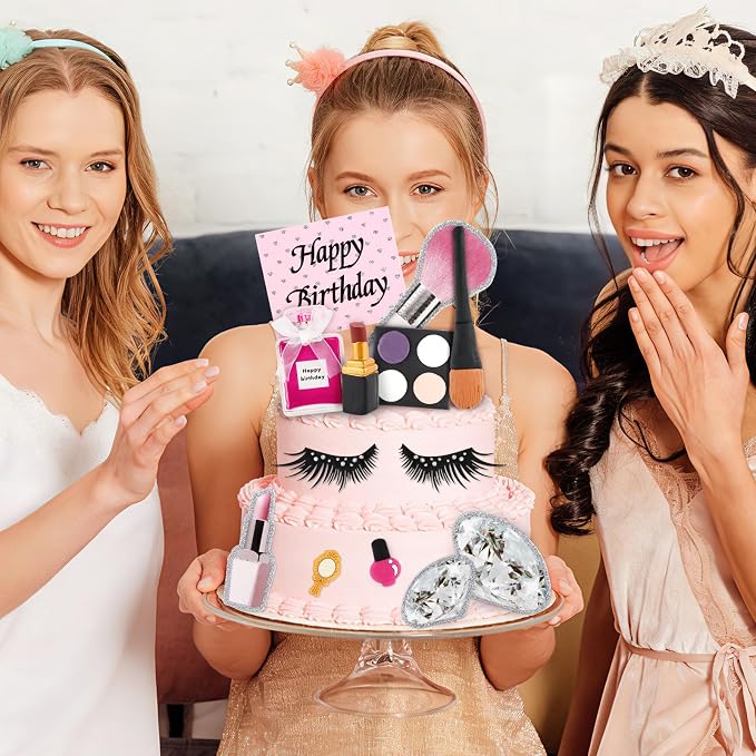 Hooqict 12Pcs Makeup Cake Decorations Set with Mini Lipstick, Mirror, Makeup Tools, Spa Birthday Party Cake Toppers & Cupcake Toppers for Girls Women Spa Birthday Party Supplies