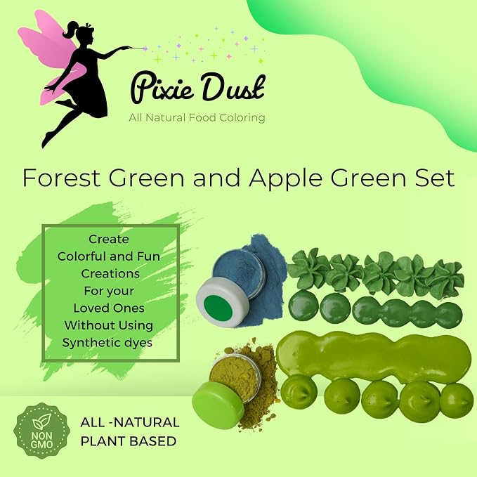 Dye Free Apple Green and Forest Green Food Coloring Powders Set. | Perfect for cake decoration, cookie frosting, icing & drinks | Plant-Based, All Natural, Kosher, Flavorles | By Pixie Dust | 2 Jars (0.40 oz / 11g Each) 22gr Total.