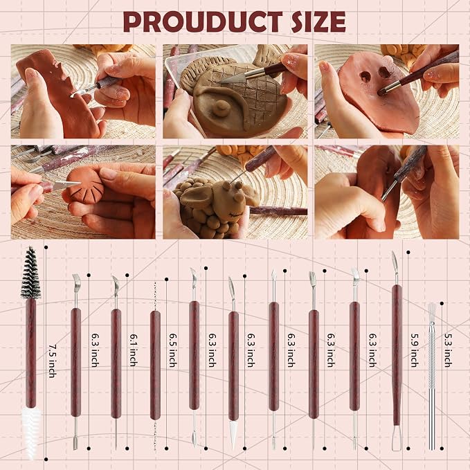 11PCS Clay Sculpting Tools Kit, Polymer Clay Tools for Pottery, Double-Head Ceramics Tool for Carving, Air Dry Clay, Pottery Kiln, Pottery Wheel, Shaping, Molding, Modeling, Adults, Students, Supplies