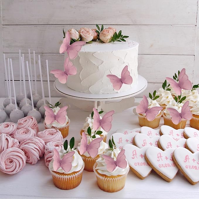 Gyufise 48pcs Butterfly Cake Decorations - Edible Wafer Paper Butterflies & Cupcake Toppers in Pink
