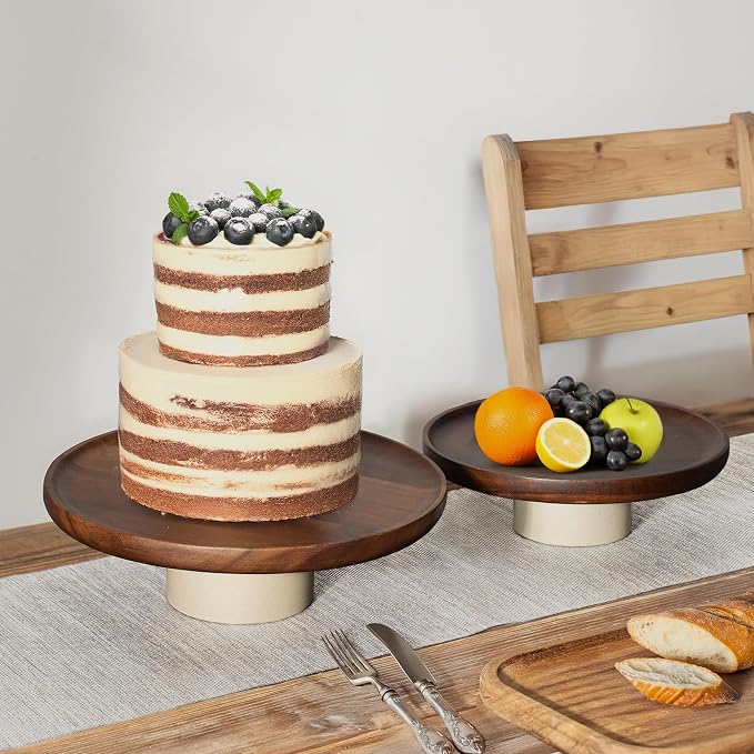 CEEFU 11 inch Rustic Acacia Wood Cake Stand - Natural Wooden Clay Wedding Cake Pedestal Serving Stand for Cupcake Dessert Bites Display in Party, Birthday, Beautiful Farmhouse Kitchen Decor