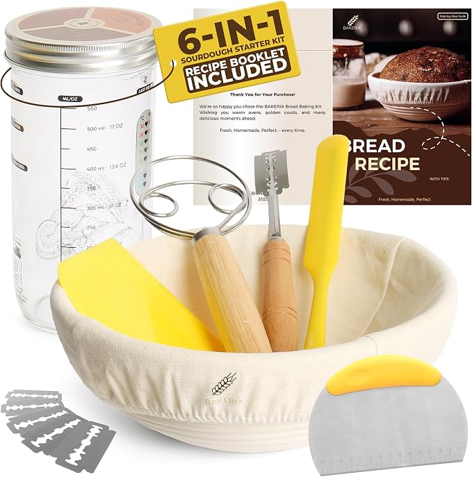BAKERIA 9" Round Banneton Bread Proofing Basket Set with Starter Jar, Linen Liner, Bread Lame, Dough & Bench Scraper, Bread Whisk – Complete Artisan Sourdough Baking Kit