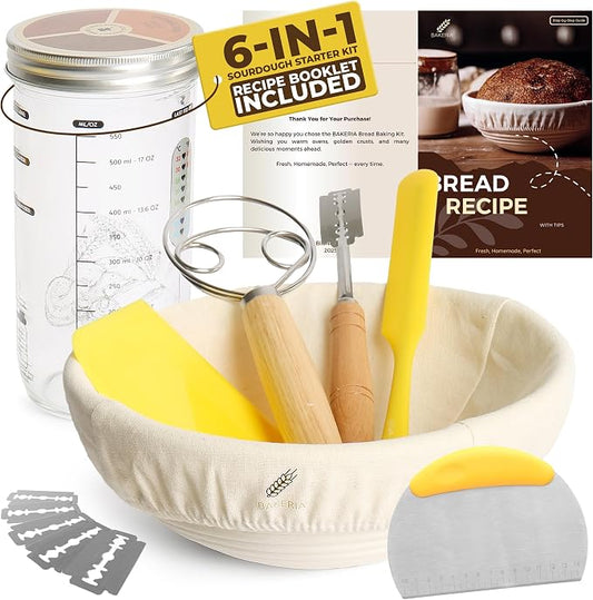 BAKERIA 9" Round Banneton Bread Proofing Basket Set with Starter Jar, Linen Liner, Bread Lame, Dough & Bench Scraper, Bread Whisk – Complete Artisan Sourdough Baking Kit