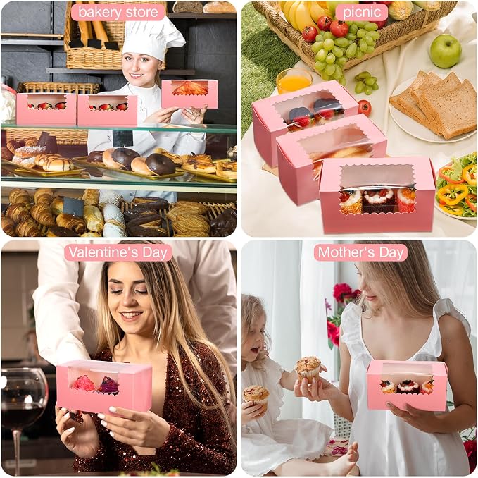 Ireer 60 pcs 8x4x4 Inch Bakery Boxes with Window Cookies Boxes Pumpkin Roll Container Donut Box Pastry Cake Packaging Safe for Cookies Loaf Muffins Breads Dessert Candies Treat(Pink)