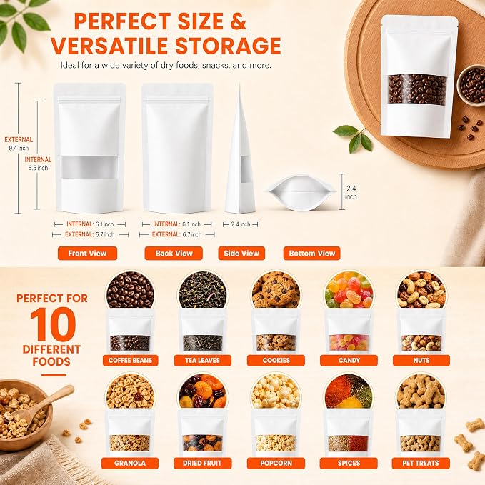 100 Pcs White Kraft Paper Bags with Window, 6.7" x 9.4" Stand Up Pouches Bags, Food Storage Bags for Packaging Products, Reusable, Sealable