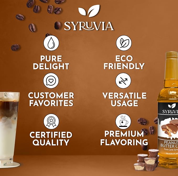Syruvia Coffee Syrup, Peanut Butter Cup Flavored Syrup for Drinks, Lattes, and Desserts – 25.4 fl oz - with Pump